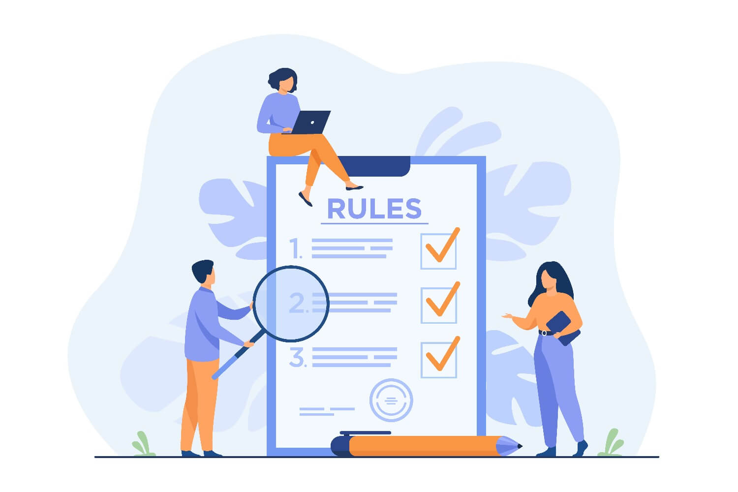 Three people around a rule checklist board, sourced from Freepik by pch.vector